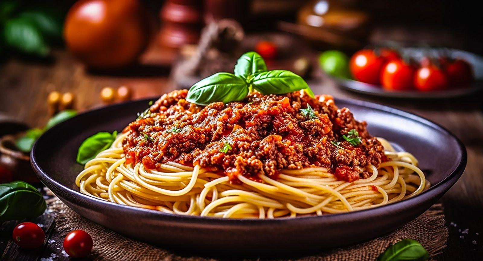 Spaghetti mit Wild-Bolognese und Basilikum