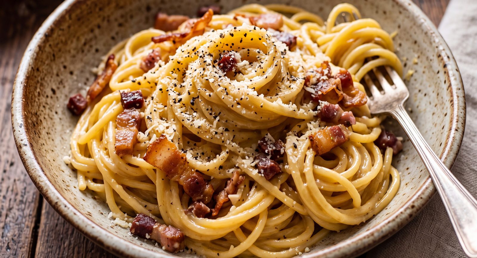 Spaghetti Carbonara mit gebratenen Speck- und Schinkenwürfeln, Parmesan und schwarzem Pfeffer