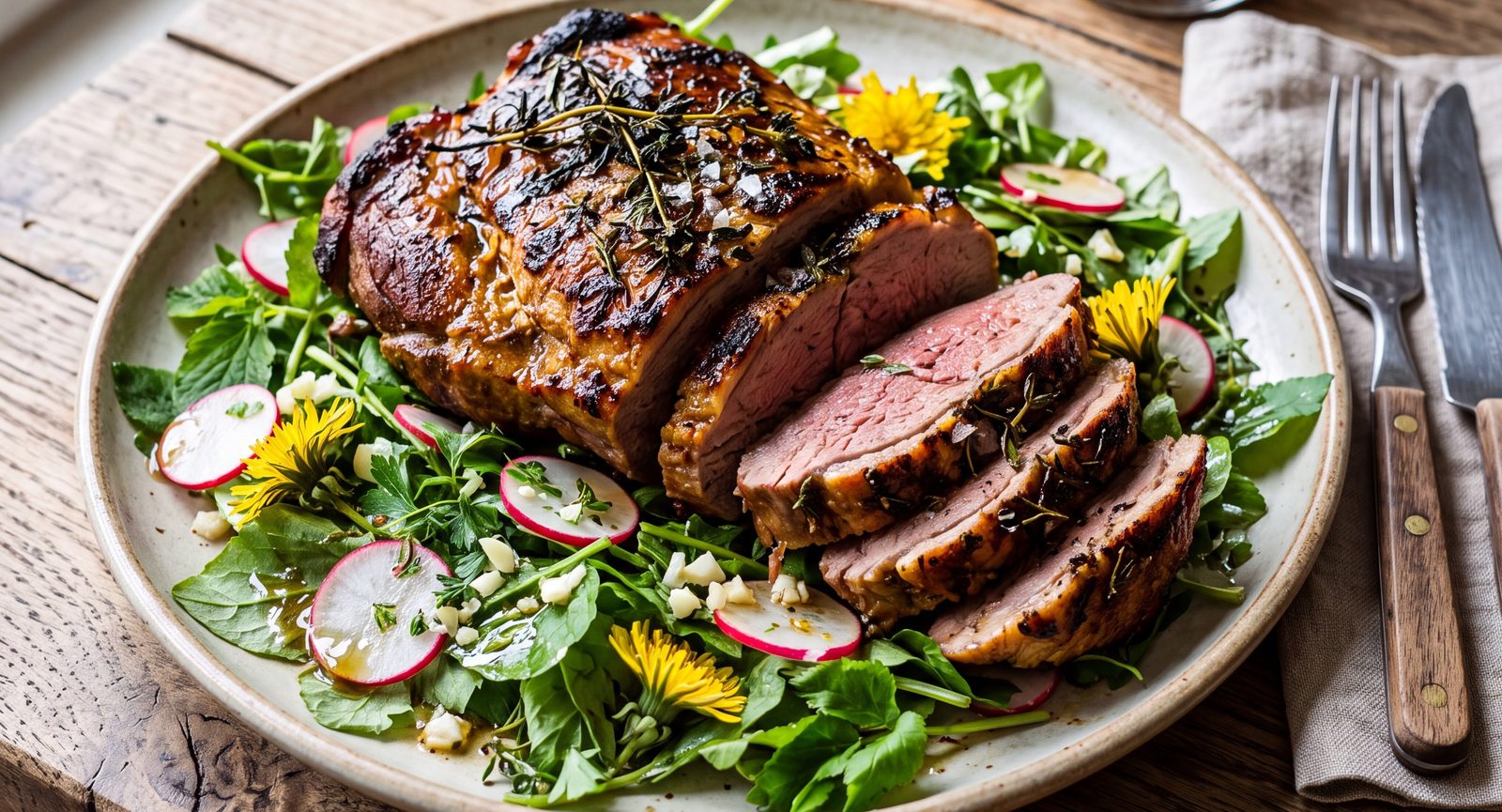 Gegrillte Rehschulter in Scheiben auf Gierschsalat mit Radieschen und Löwenzahnblüten