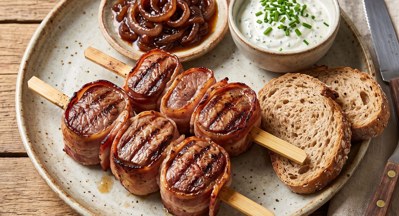 Zwei gegrillte Wildspieße im Speckmantel mit Zwiebel-Relish, Kräuterquark und Bauernbrot