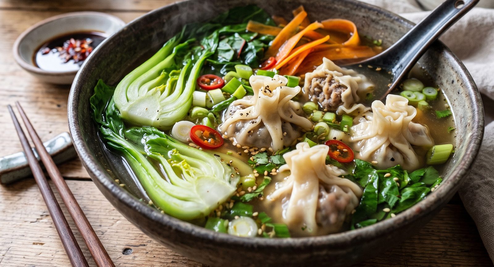 Wan-Tan-Suppe mit wildgefüllten Teigtaschen, Pak Choi, Mangold, Möhrenstreifen und Peperoni