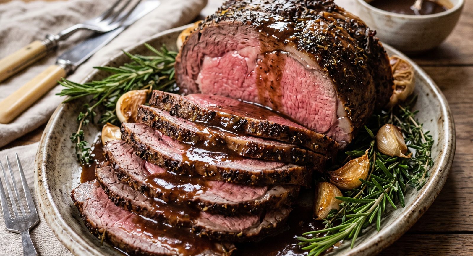 Rosa gegarter Wildbraten in Scheiben mit dunkler Sauce, Rosmarin und Knoblauch auf der Platte