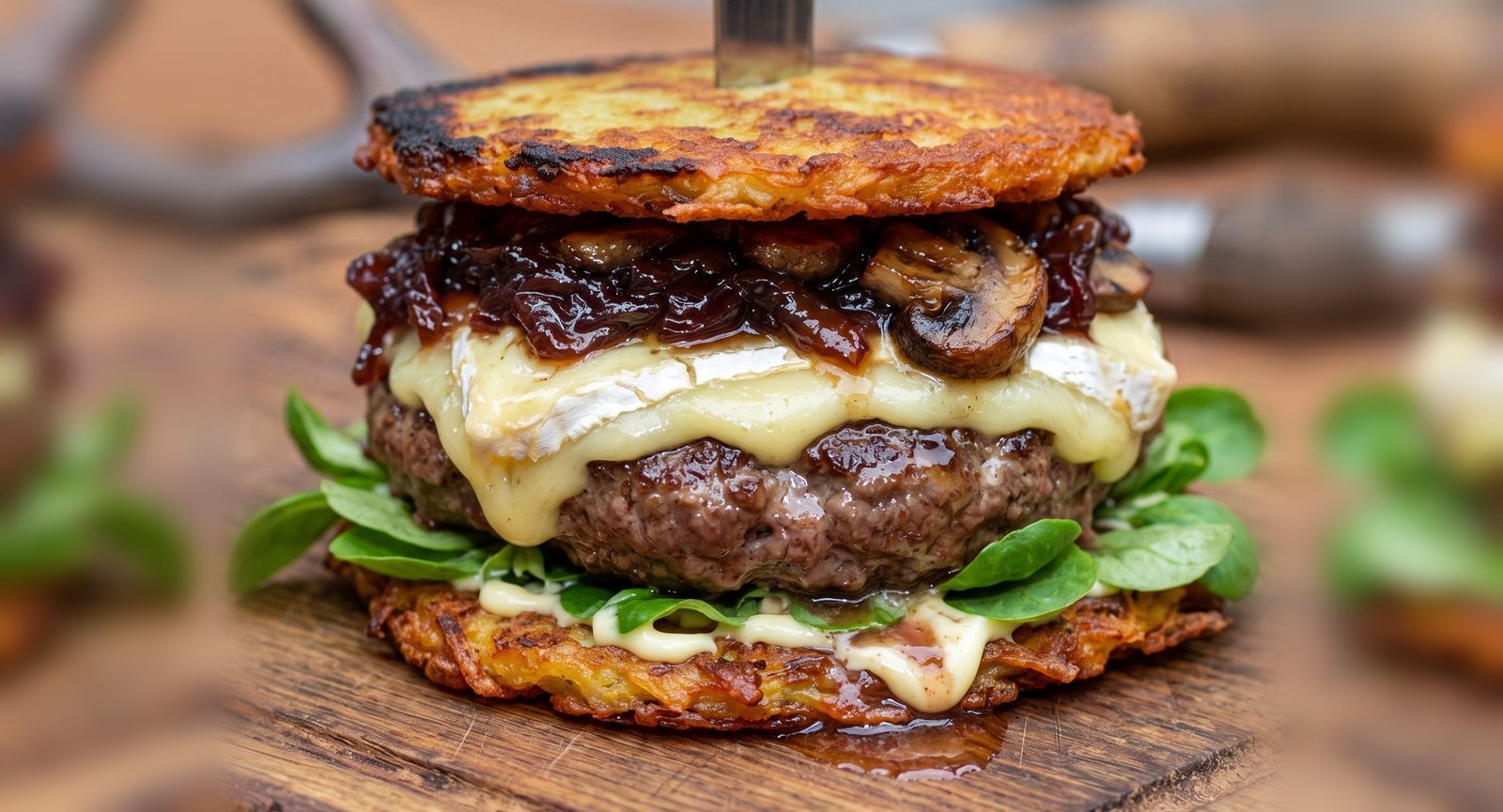 WilderBurger zwischen zwei Bagger's, mit Camembert, Champignons, Zwiebelmarmelade und Feldsalat