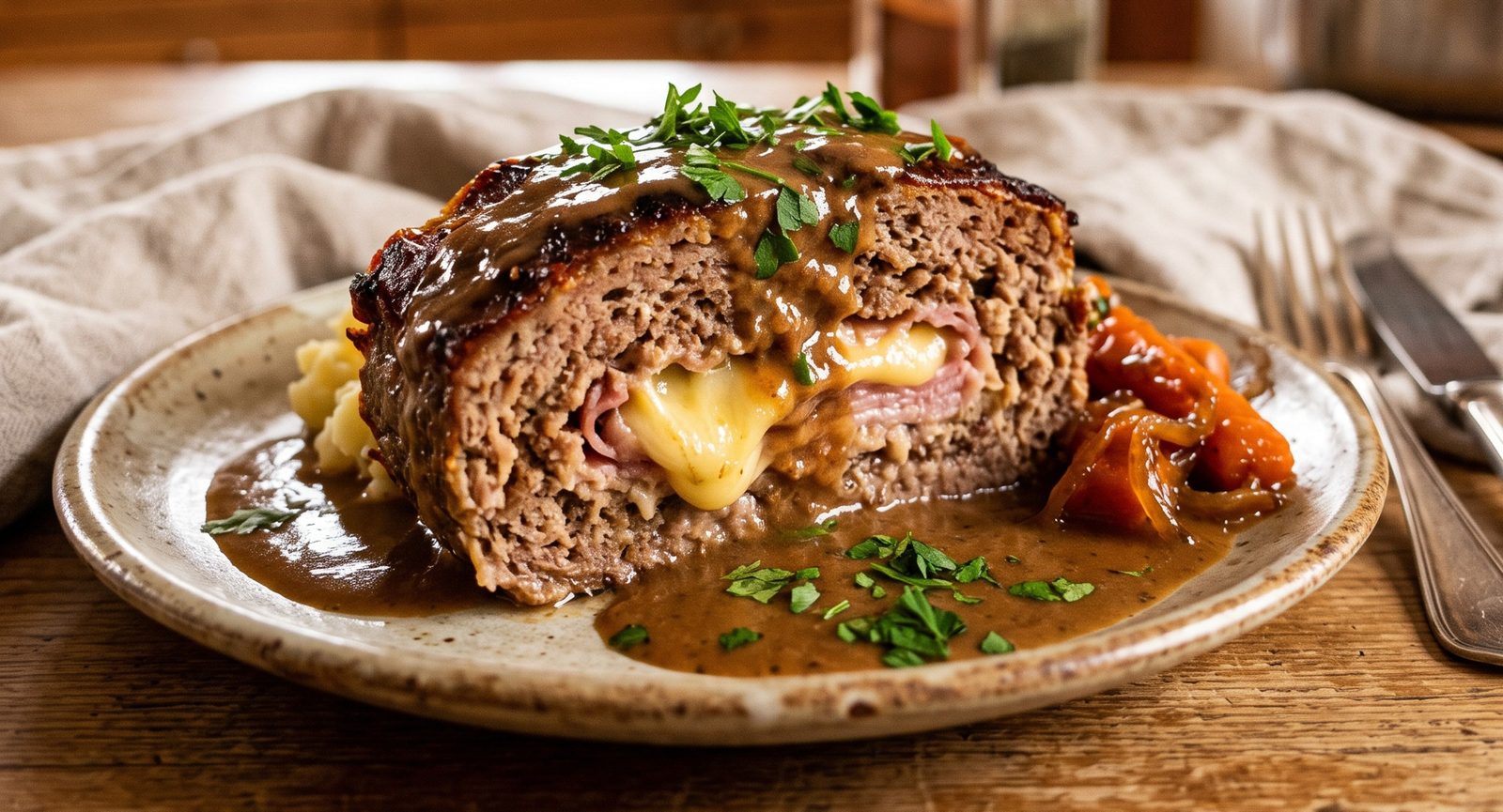 Angeschnittener WilderHackbraten mit Schinken-Käse-Füllung in dunkler Sauce