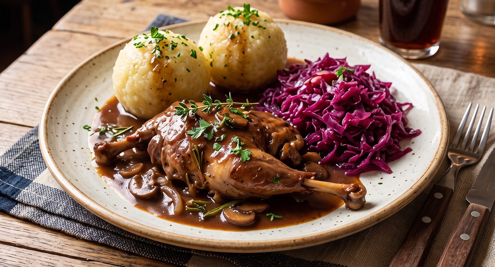 Geschmorte Hasenkeule in dunkler Rahmsauce, dazu Semmelknödel und Rotkraut
