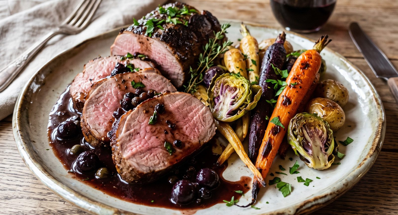 Wildschweinrücken in Scheiben mit bunten Möhren, Rosenkohl und dunkler Sauce mit Schlehen