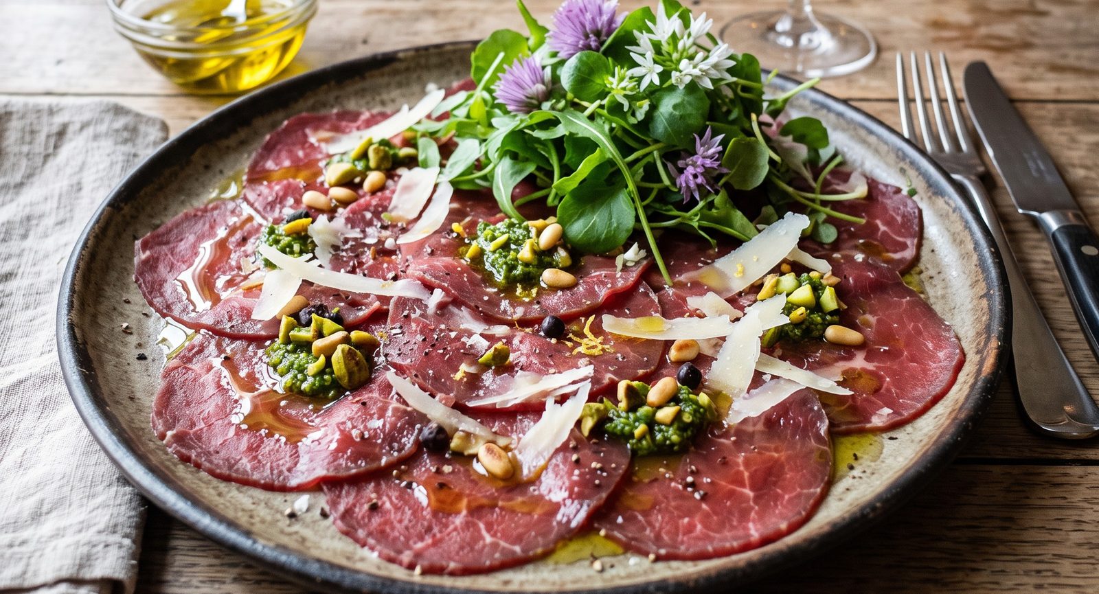 Hauchdünnes Carpaccio vom Rehrücken mit Bärlauchpesto, Parmesan, Pinienkernen und Wildkräutern