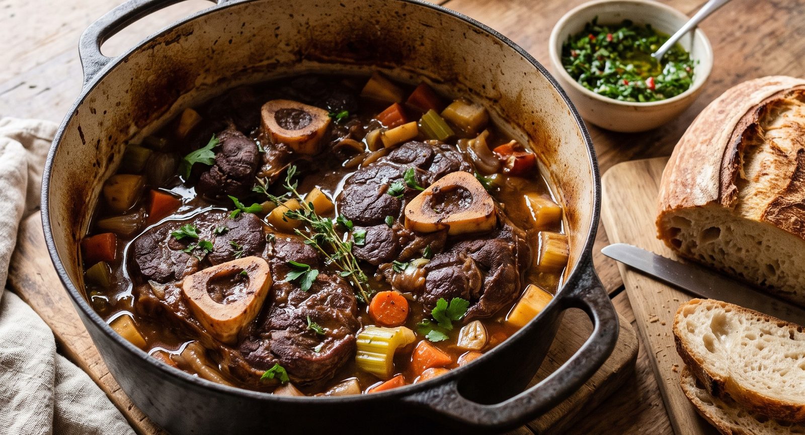 Geschmortes Ossobuco vom Reh mit Wurzelgemüse im Schmortopf, dazu Chimichurri und frisches Brot