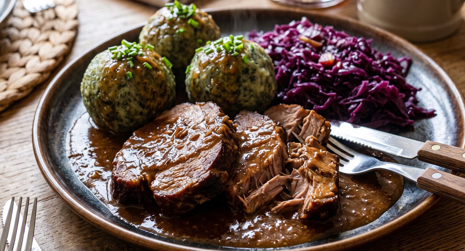 Geschmortes Rehschäuferle in dunkler Sauce mit Klößen und Blaukraut